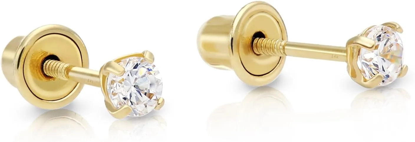 14k Yellow Gold Cubic Zirconia Stud Earrings with Screw Backs