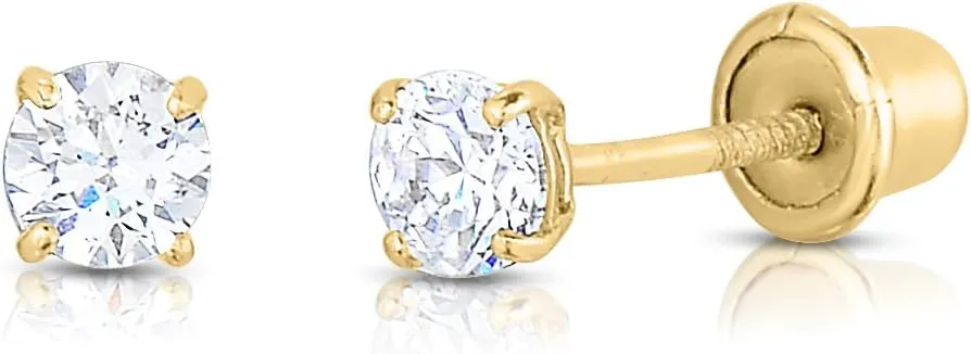 14k Yellow Gold Cubic Zirconia Stud Earrings with Screw Backs