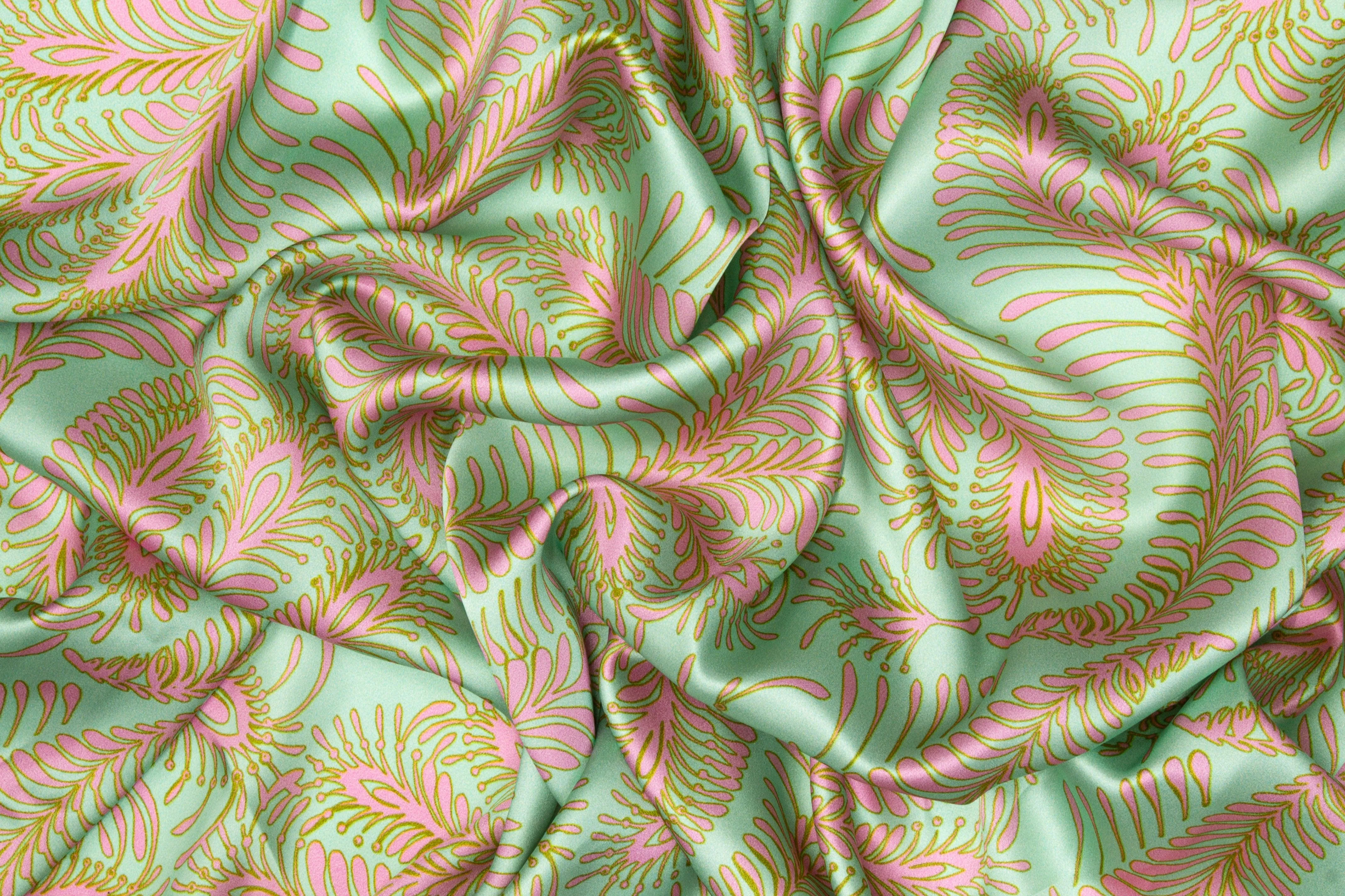 Abstract Italian Silk Charmeuse - Mint Green and Pink