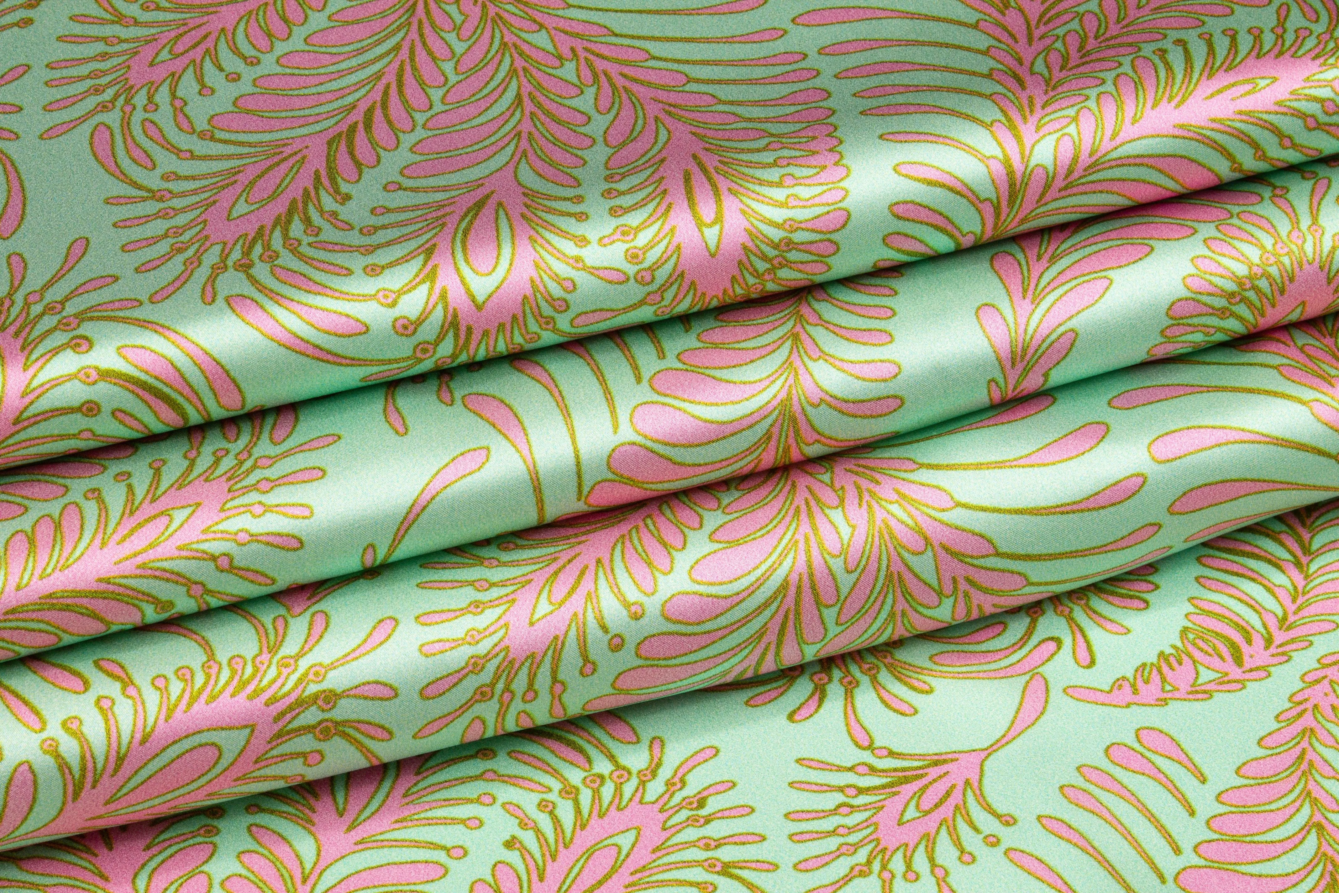 Abstract Italian Silk Charmeuse - Mint Green and Pink