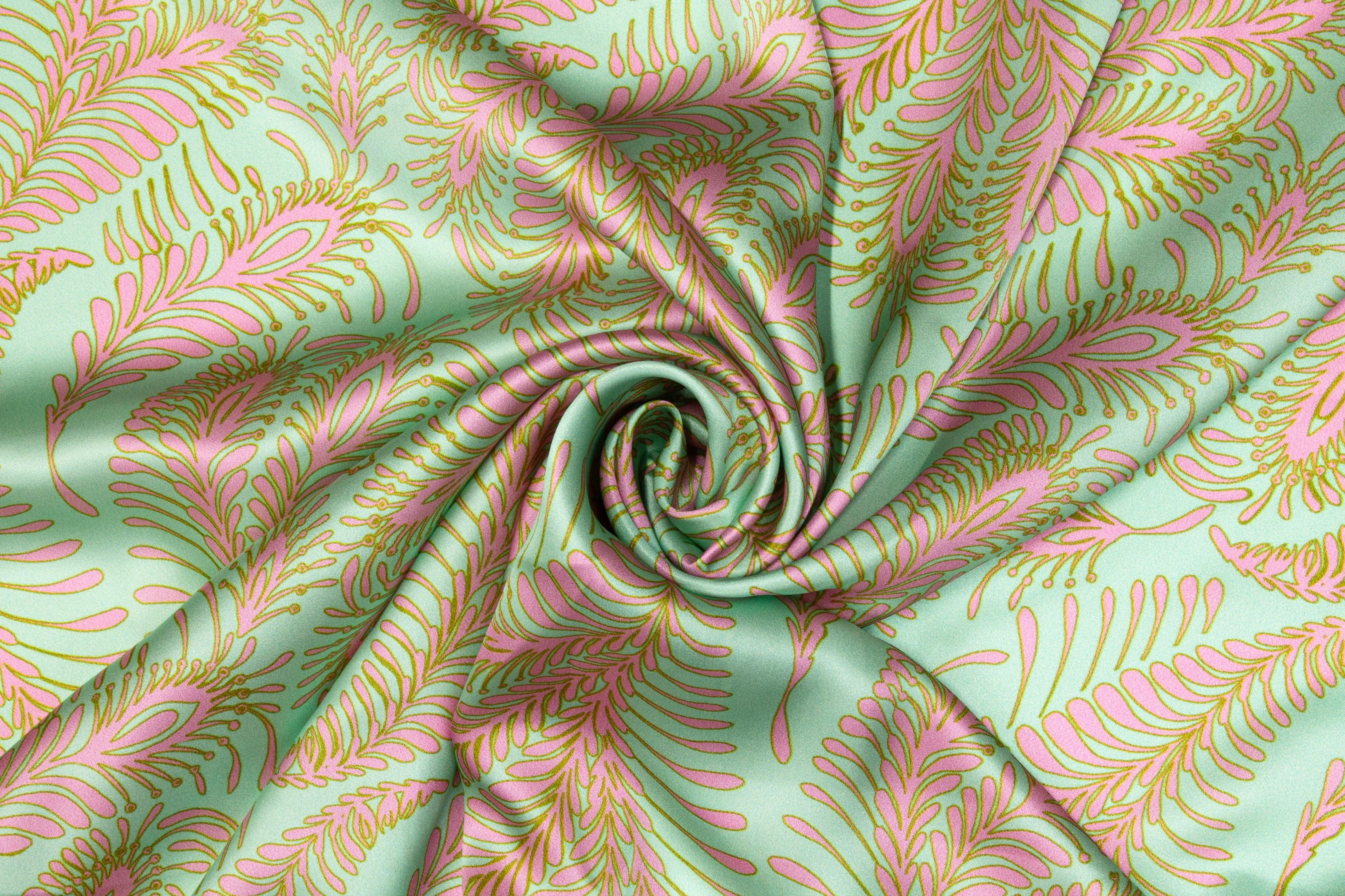 Abstract Italian Silk Charmeuse - Mint Green and Pink