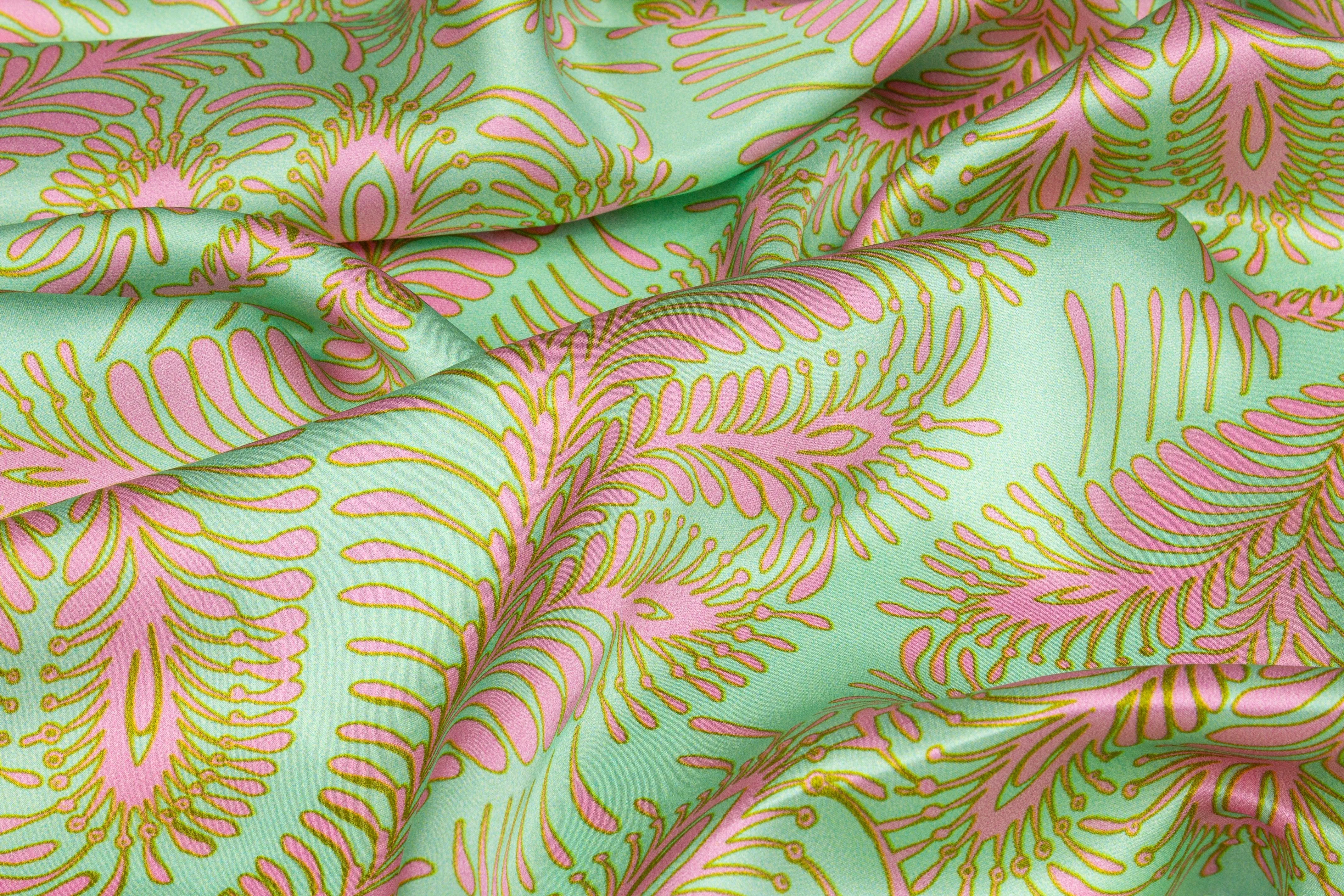 Abstract Italian Silk Charmeuse - Mint Green and Pink