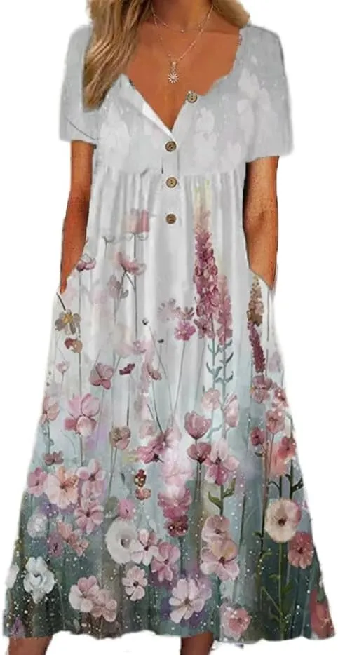Akivide Women's Summer Boho Floral Printed Maxi Dresses Short Sleeve V Neck Loose Casual Dress with Pockets