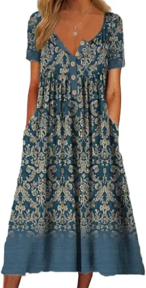 Akivide Women's Summer Boho Floral Printed Maxi Dresses Short Sleeve V Neck Loose Casual Dress with Pockets