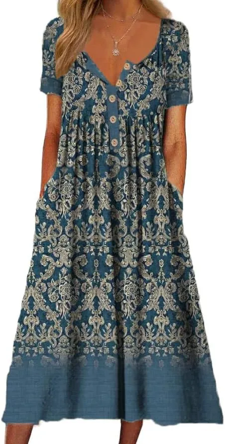 Akivide Women's Summer Boho Floral Printed Maxi Dresses Short Sleeve V Neck Loose Casual Dress with Pockets