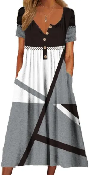 Akivide Women's Summer Boho Floral Printed Maxi Dresses Short Sleeve V Neck Loose Casual Dress with Pockets