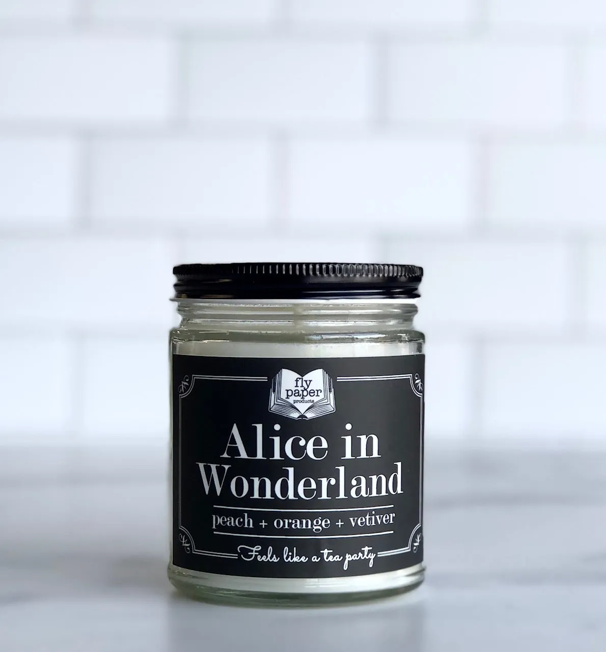 Alice In Wonderland 9oz Peach   Orange   Vetiver Soy Candle for Classic Literature Lovers