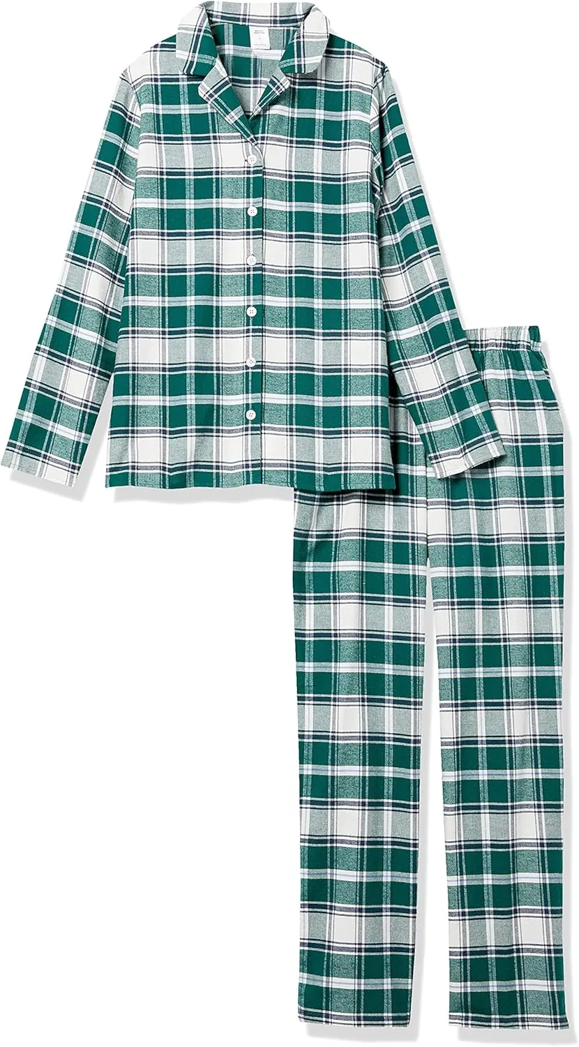 Amazon Essentials Women's Flannel Long-Sleeve Button Front Shirt and Pant Pajama Set