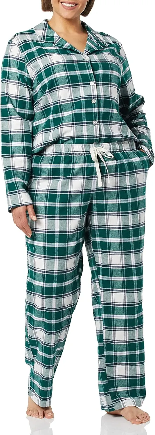 Amazon Essentials Women's Flannel Long-Sleeve Button Front Shirt and Pant Pajama Set