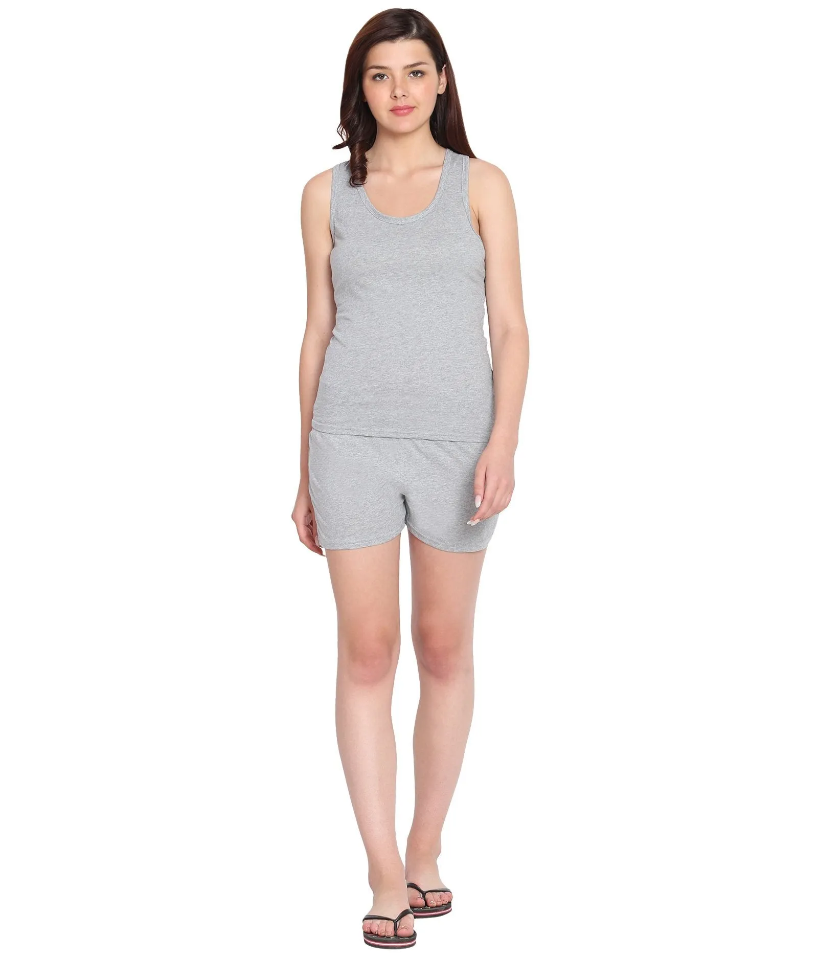 American-Elm Women's Light Grey Cotton Sleeveless Top And Bottom Night Set