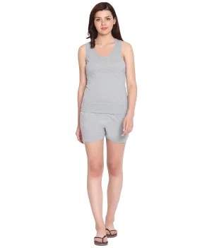 American-Elm Women's Light Grey Cotton Sleeveless Top And Bottom Night Set