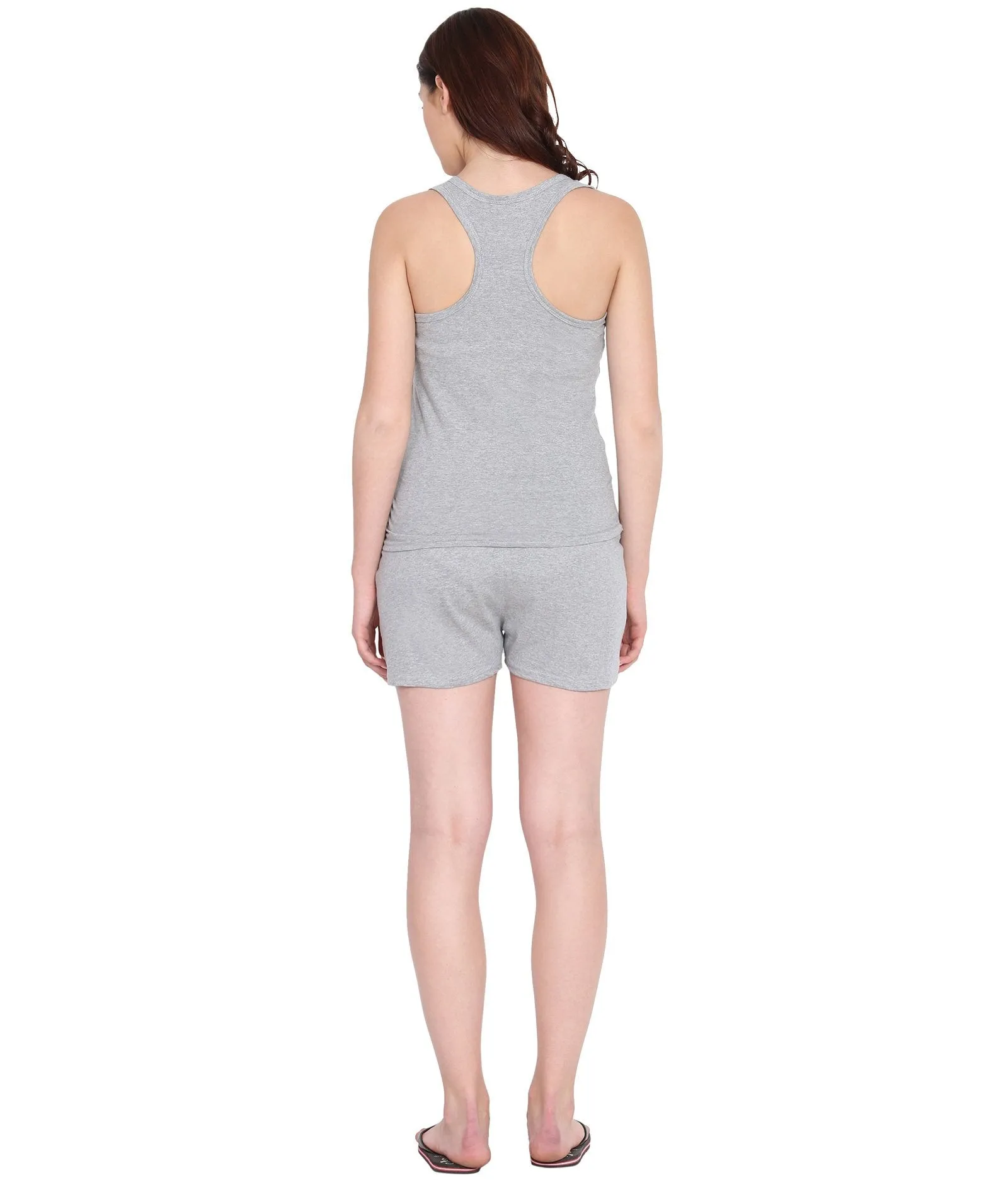 American-Elm Women's Light Grey Cotton Sleeveless Top And Bottom Night Set