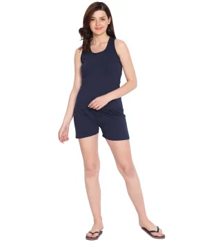 American-Elm Women's Navy Solid Cotton Slim Fit Boat Neck 2 Pc Night Set