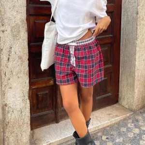Back To School Joskaa Women's Y2K Vintage Plaid Lounge Shorts Casual Summer Holiday Elastic Low Waist Loose Bottoms with Decorative Buttons