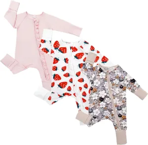 Bow Dream Bamboo Baby Boy Romper Footed Long Sleeve Footies Newborn Girl Clothes Footless with Zipper and Mitten Cuffs