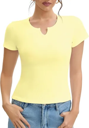 Cotton Ribbed V Neck Slim Fit Short Sleeve Baby Tees for Women, Plain T-ShirtBasic Tee Shirt, Casual Going Out Tops