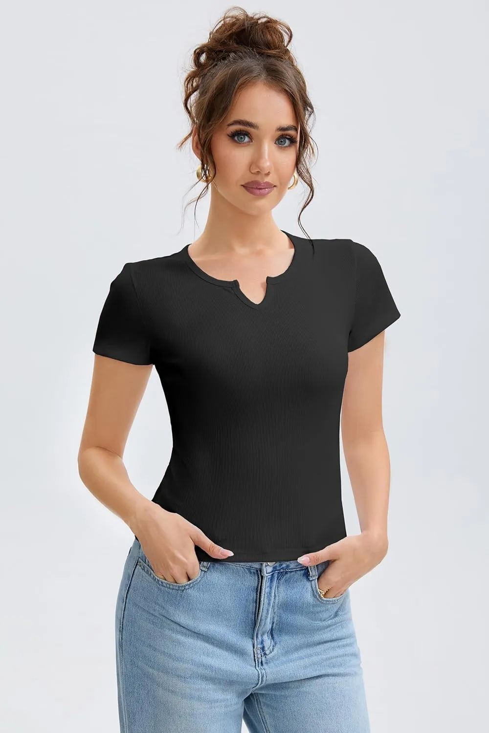 Cotton Ribbed V Neck Slim Fit Short Sleeve Baby Tees for Women, Plain T-ShirtBasic Tee Shirt, Casual Going Out Tops