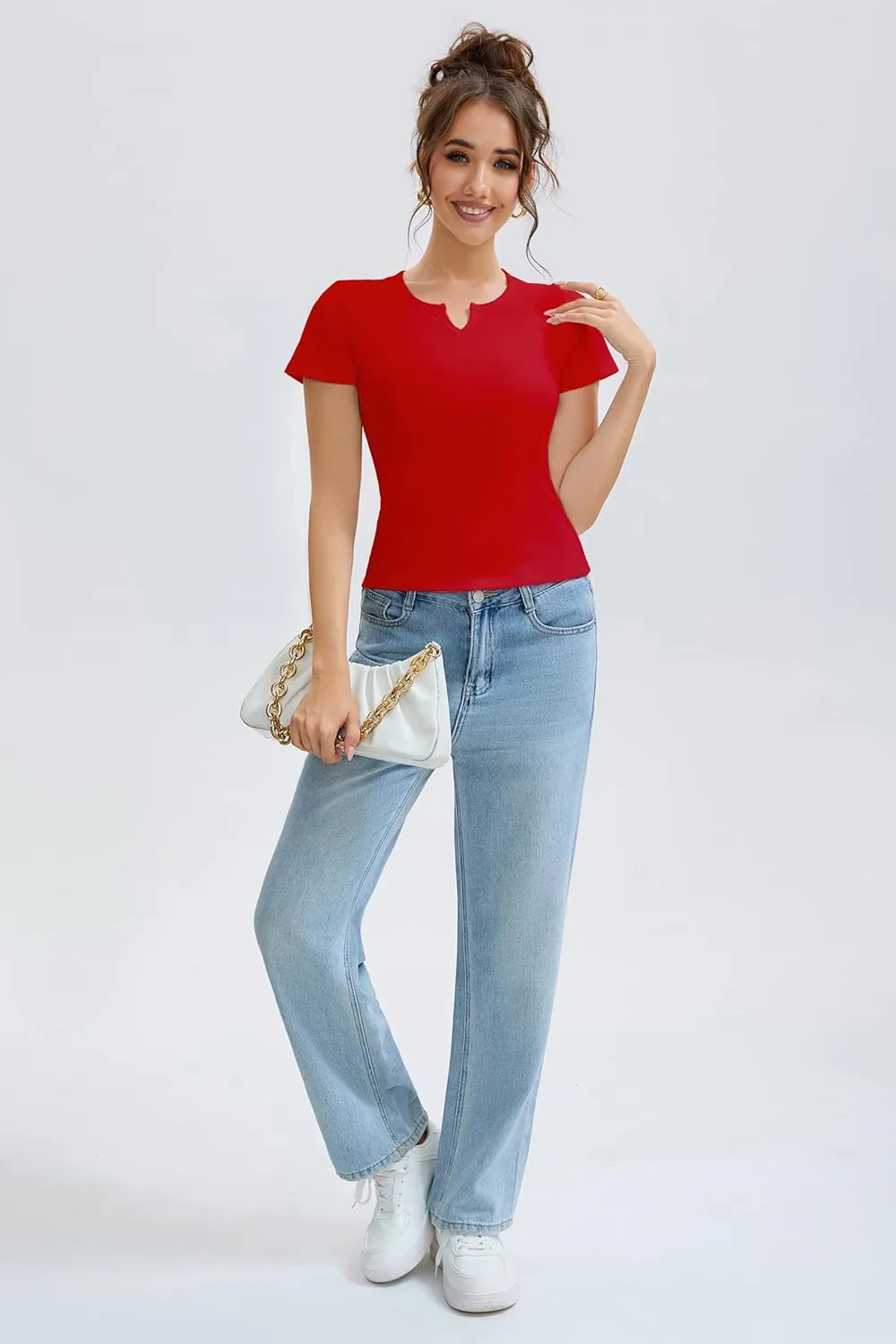 Cotton Ribbed V Neck Slim Fit Short Sleeve Baby Tees for Women, Plain T-ShirtBasic Tee Shirt, Casual Going Out Tops