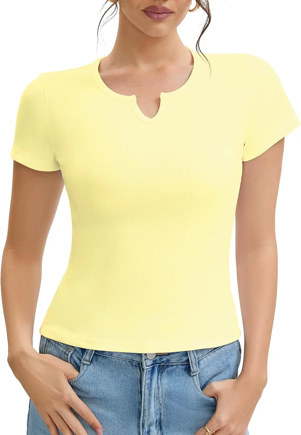Cotton Ribbed V Neck Slim Fit Short Sleeve Baby Tees for Women, Plain T-ShirtBasic Tee Shirt, Casual Going Out Tops