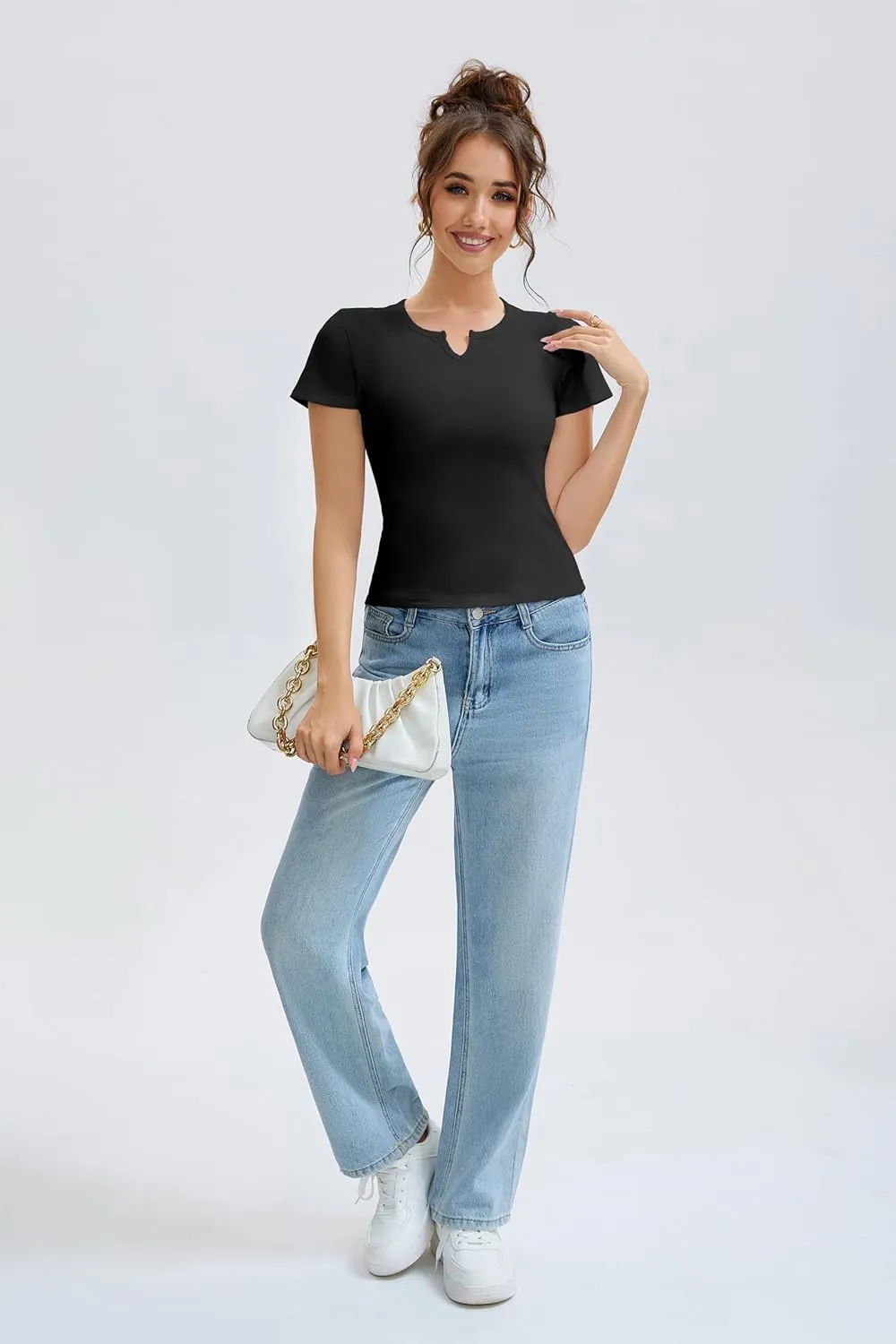 Cotton Ribbed V Neck Slim Fit Short Sleeve Baby Tees for Women, Plain T-ShirtBasic Tee Shirt, Casual Going Out Tops