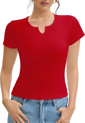Cotton Ribbed V Neck Slim Fit Short Sleeve Baby Tees for Women, Plain T-ShirtBasic Tee Shirt, Casual Going Out Tops
