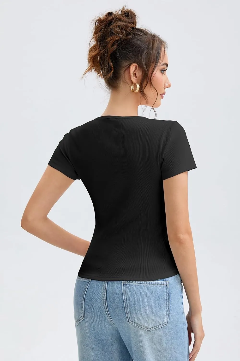 Cotton Ribbed V Neck Slim Fit Short Sleeve Baby Tees for Women, Plain T-ShirtBasic Tee Shirt, Casual Going Out Tops