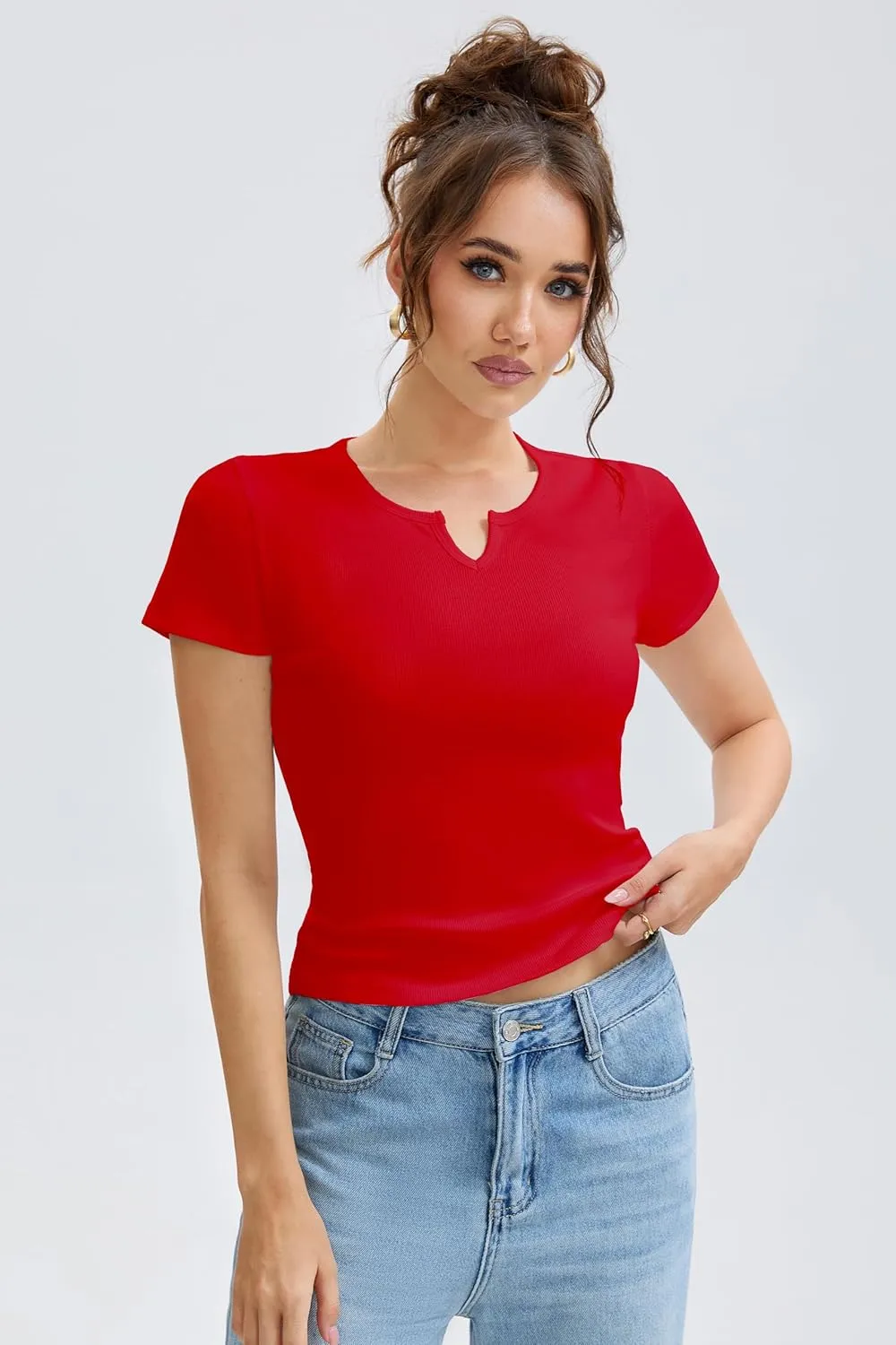 Cotton Ribbed V Neck Slim Fit Short Sleeve Baby Tees for Women, Plain T-ShirtBasic Tee Shirt, Casual Going Out Tops