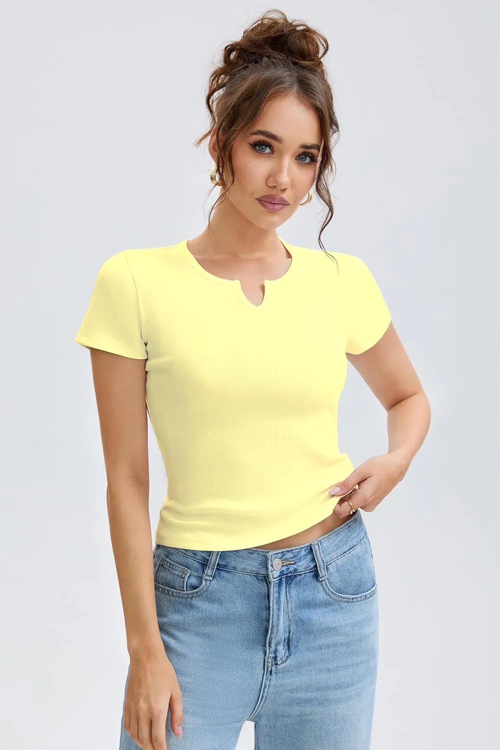 Cotton Ribbed V Neck Slim Fit Short Sleeve Baby Tees for Women, Plain T-ShirtBasic Tee Shirt, Casual Going Out Tops