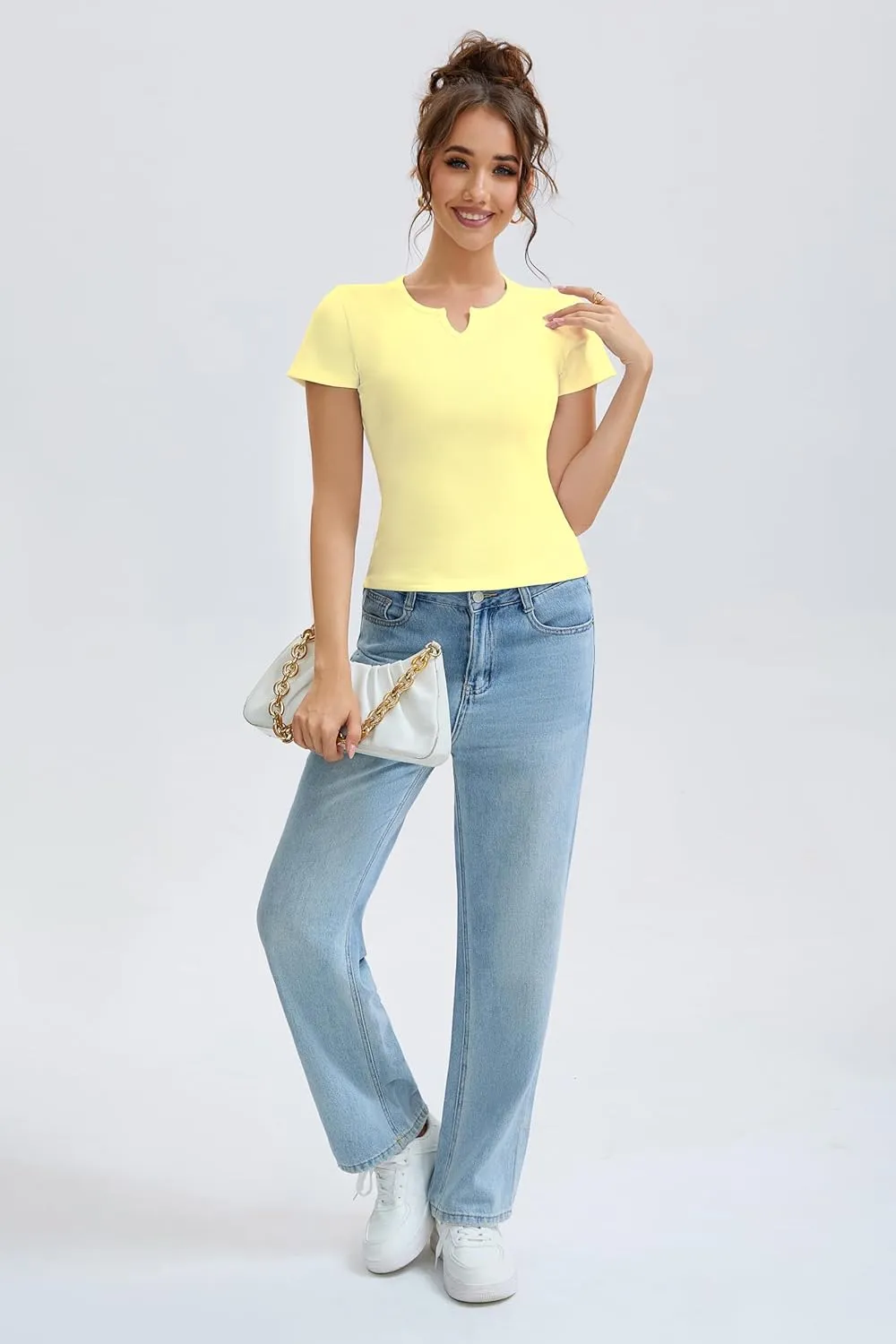 Cotton Ribbed V Neck Slim Fit Short Sleeve Baby Tees for Women, Plain T-ShirtBasic Tee Shirt, Casual Going Out Tops