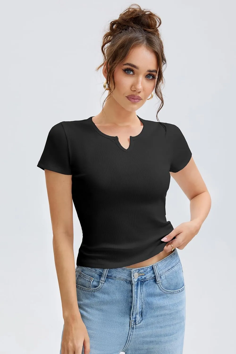 Cotton Ribbed V Neck Slim Fit Short Sleeve Baby Tees for Women, Plain T-ShirtBasic Tee Shirt, Casual Going Out Tops