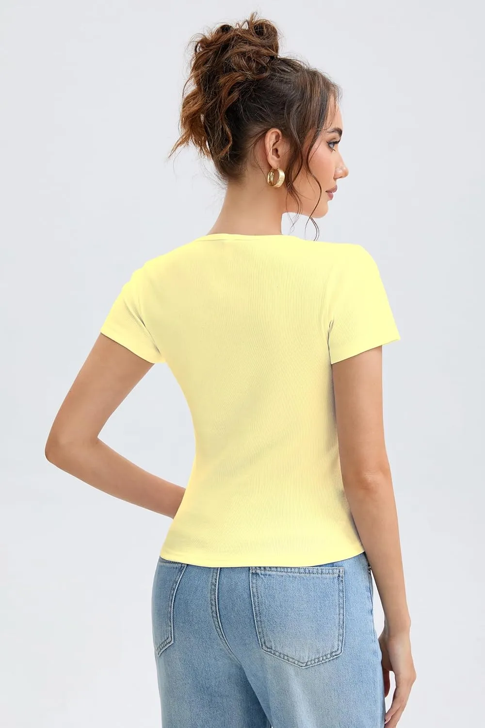 Cotton Ribbed V Neck Slim Fit Short Sleeve Baby Tees for Women, Plain T-ShirtBasic Tee Shirt, Casual Going Out Tops