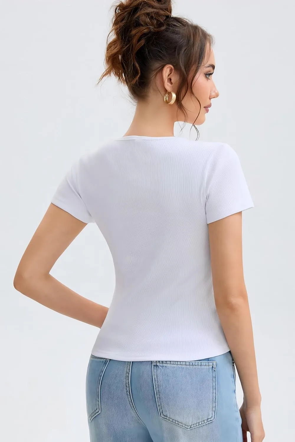 Cotton Ribbed V Neck Slim Fit Short Sleeve Baby Tees for Women, Plain T-ShirtBasic Tee Shirt, Casual Going Out Tops