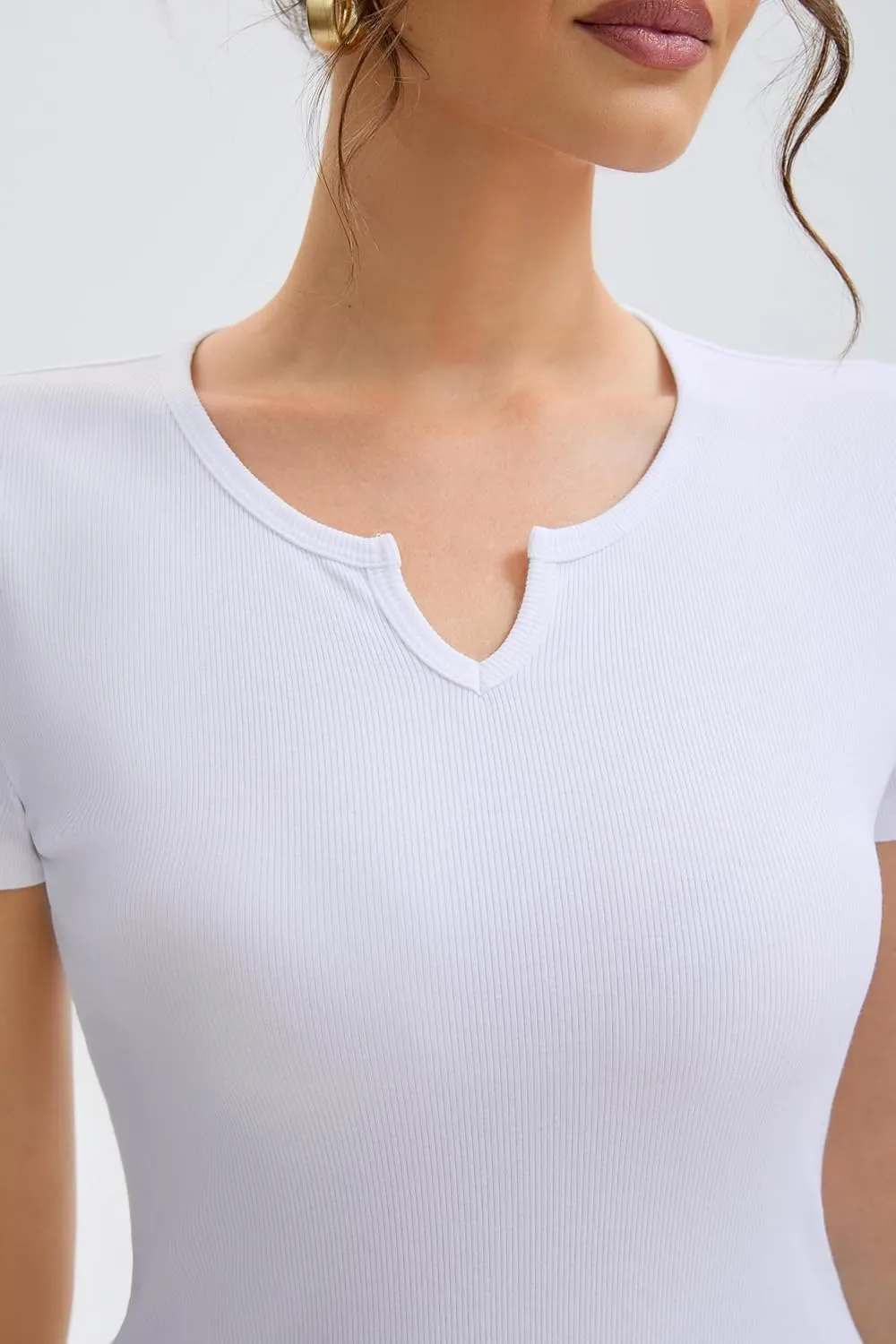 Cotton Ribbed V Neck Slim Fit Short Sleeve Baby Tees for Women, Plain T-ShirtBasic Tee Shirt, Casual Going Out Tops