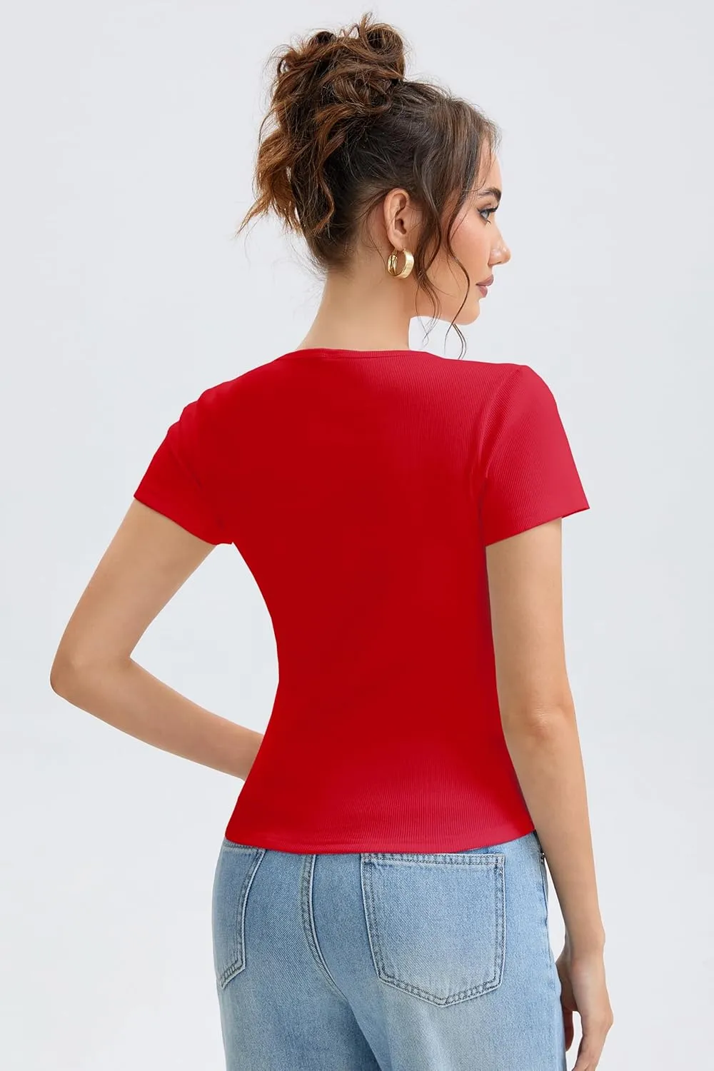 Cotton Ribbed V Neck Slim Fit Short Sleeve Baby Tees for Women, Plain T-ShirtBasic Tee Shirt, Casual Going Out Tops