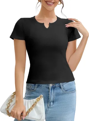Cotton Ribbed V Neck Slim Fit Short Sleeve Baby Tees for Women, Plain T-ShirtBasic Tee Shirt, Casual Going Out Tops
