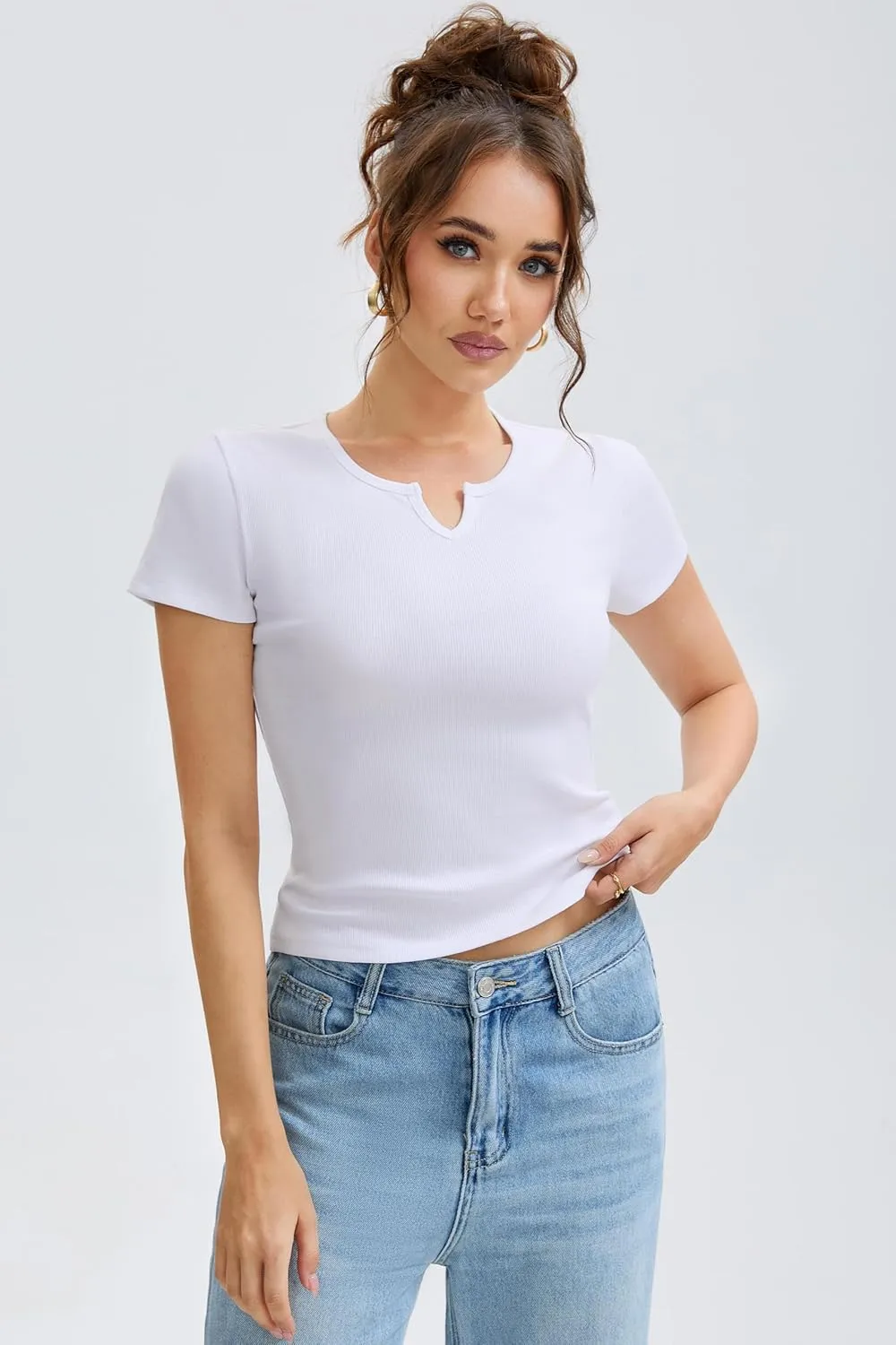 Cotton Ribbed V Neck Slim Fit Short Sleeve Baby Tees for Women, Plain T-ShirtBasic Tee Shirt, Casual Going Out Tops