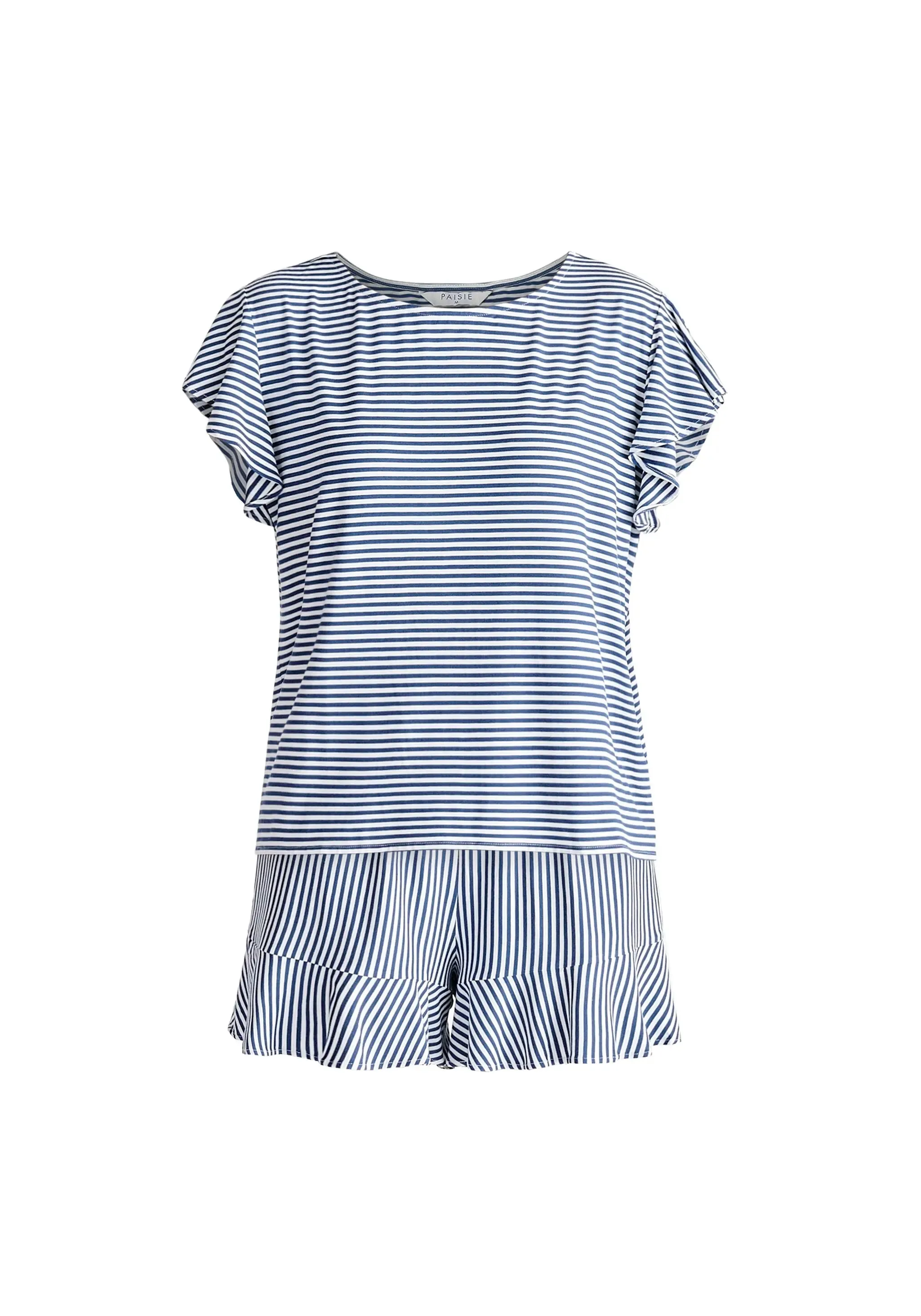Dark Blue and White Frill Pyjama T-Shirt Set With Matching Overnight Pouch