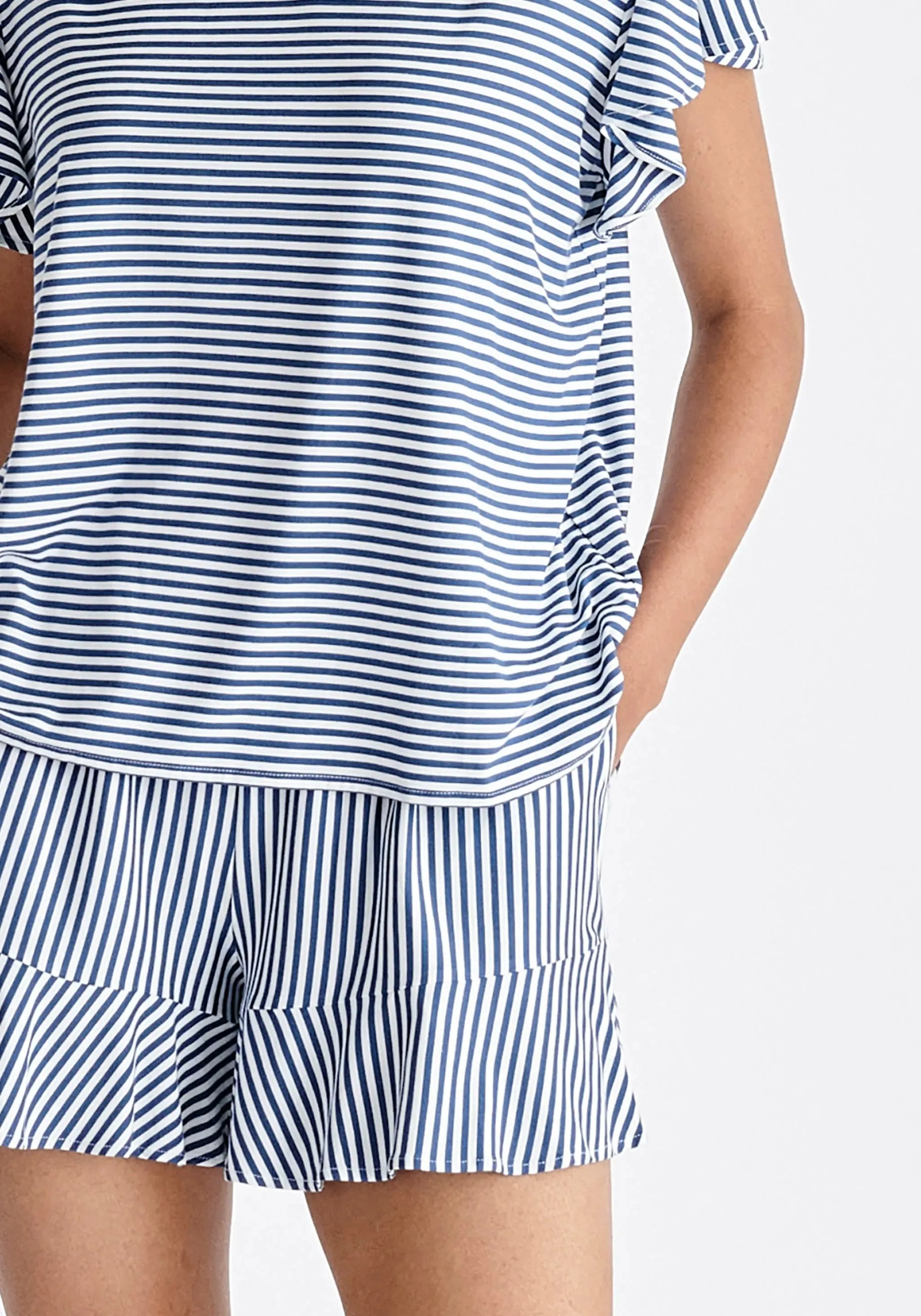 Dark Blue and White Frill Pyjama T-Shirt Set With Matching Overnight Pouch