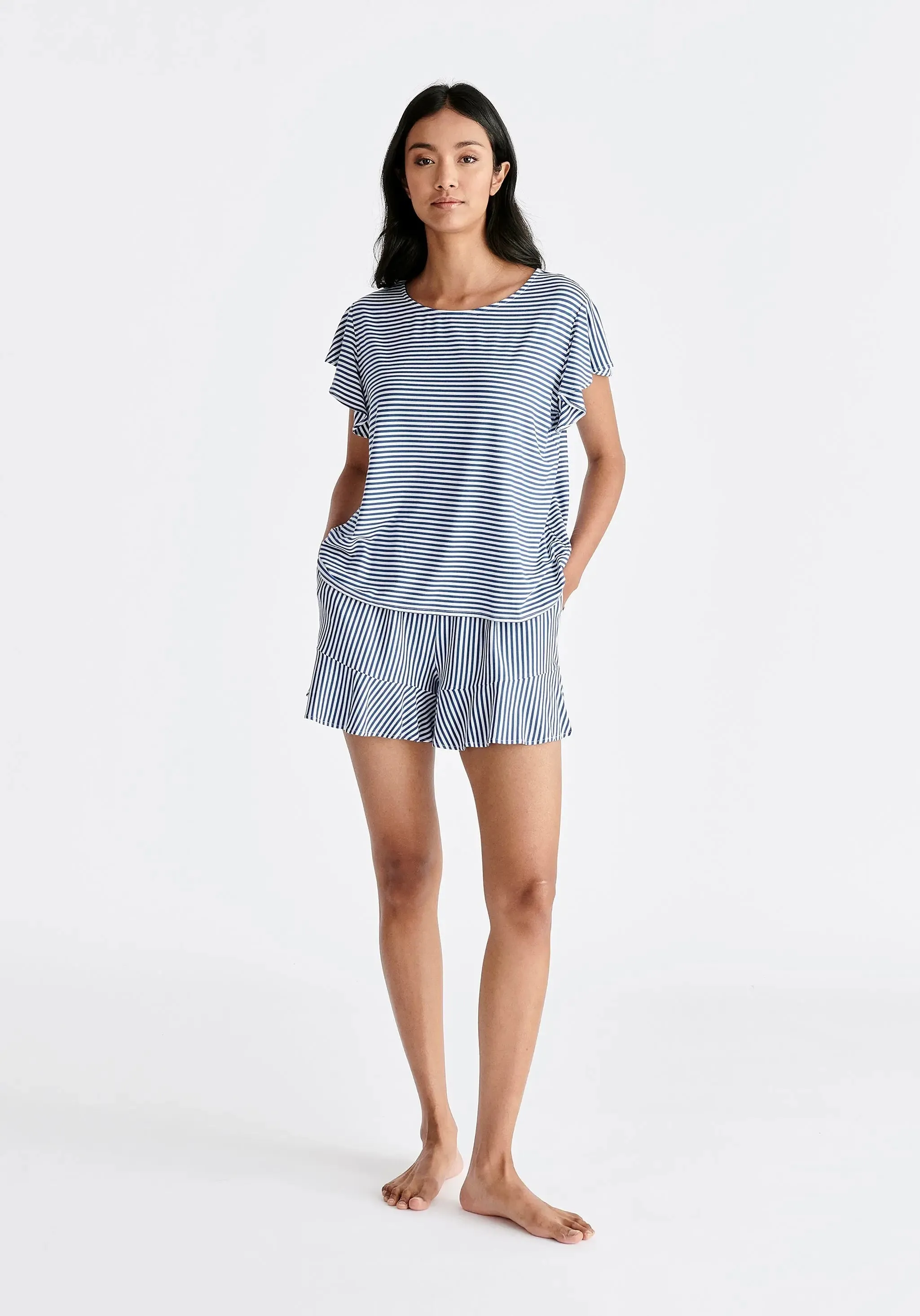 Dark Blue and White Frill Pyjama T-Shirt Set With Matching Overnight Pouch