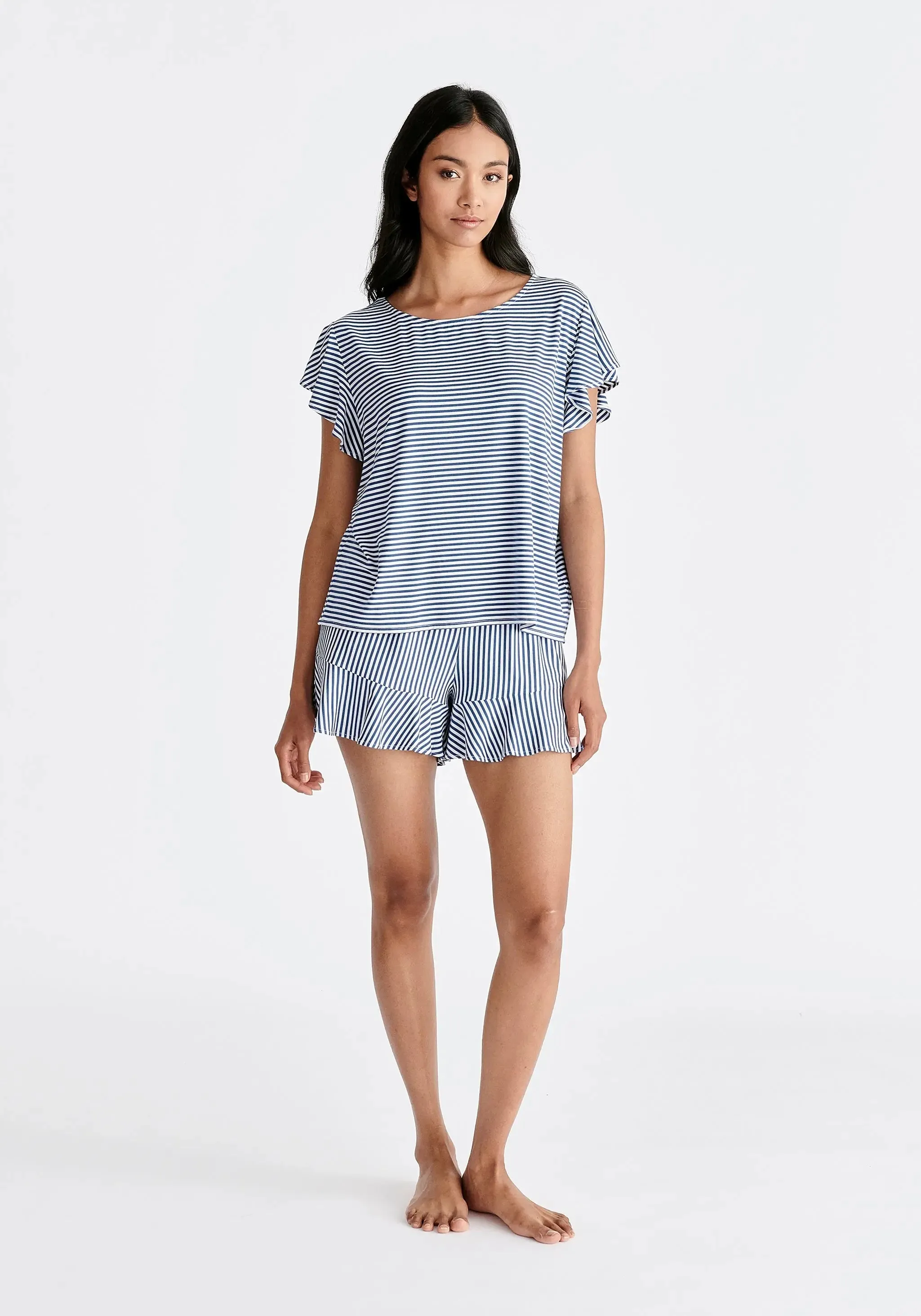 Dark Blue and White Frill Pyjama T-Shirt Set With Matching Overnight Pouch