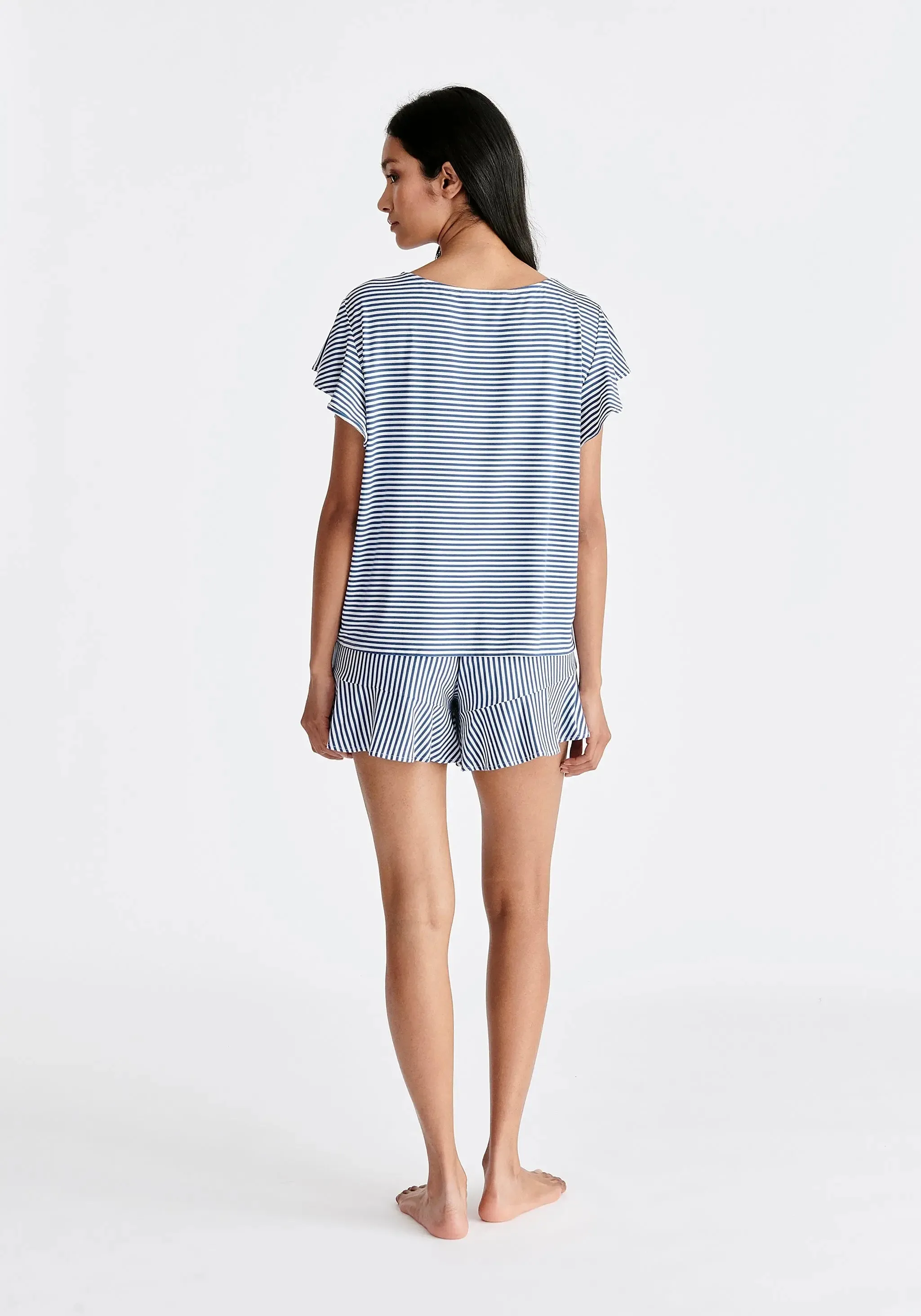 Dark Blue and White Frill Pyjama T-Shirt Set With Matching Overnight Pouch