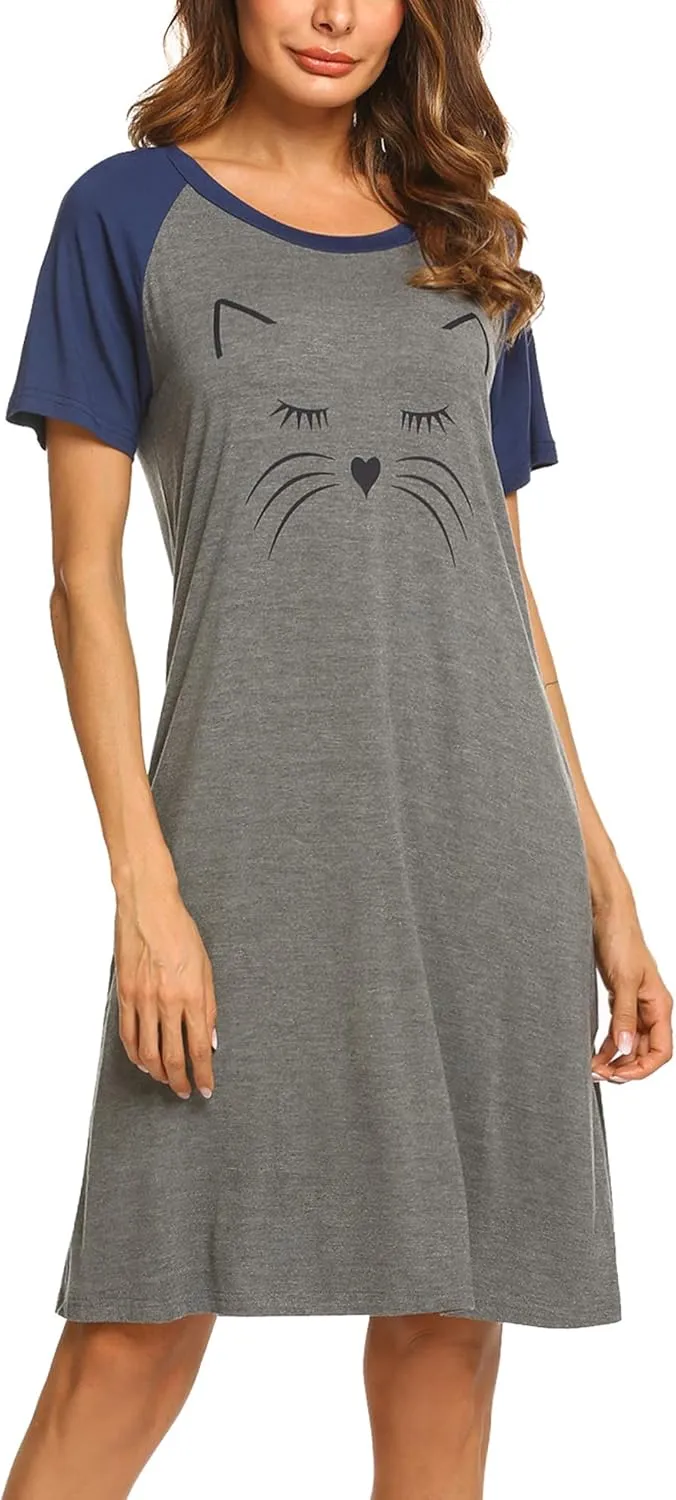 Ekouaer Womens Nightgown Short Sleeve Night Dress Printed Sleepwear Soft Sleep Shirt S-3XL