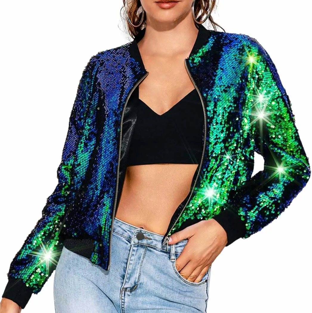 EVILD Women's Glitter Sequin Bomber Jacket Green Sparkly Coat Zipper Long Sleeve Outfits