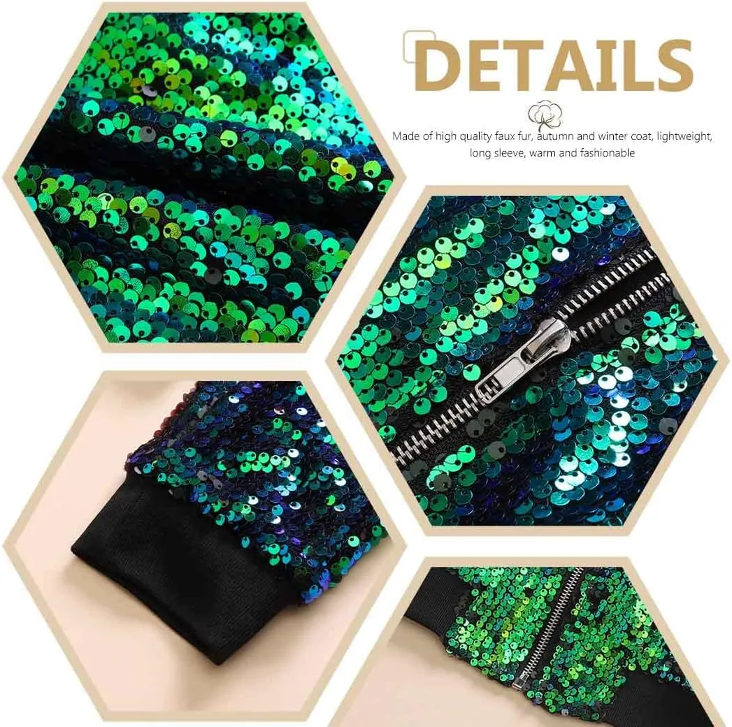 EVILD Women's Glitter Sequin Bomber Jacket Green Sparkly Coat Zipper Long Sleeve Outfits