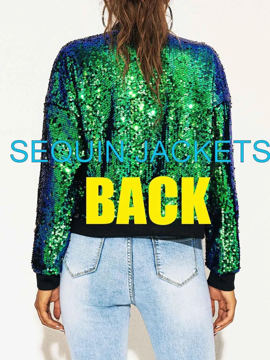 EVILD Women's Glitter Sequin Bomber Jacket Green Sparkly Coat Zipper Long Sleeve Outfits