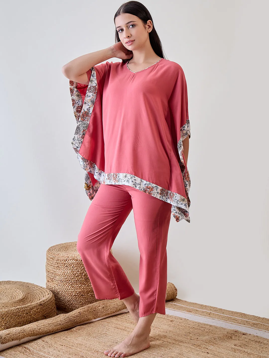 Floral Bordered Pink Soft Modal Lounge Set