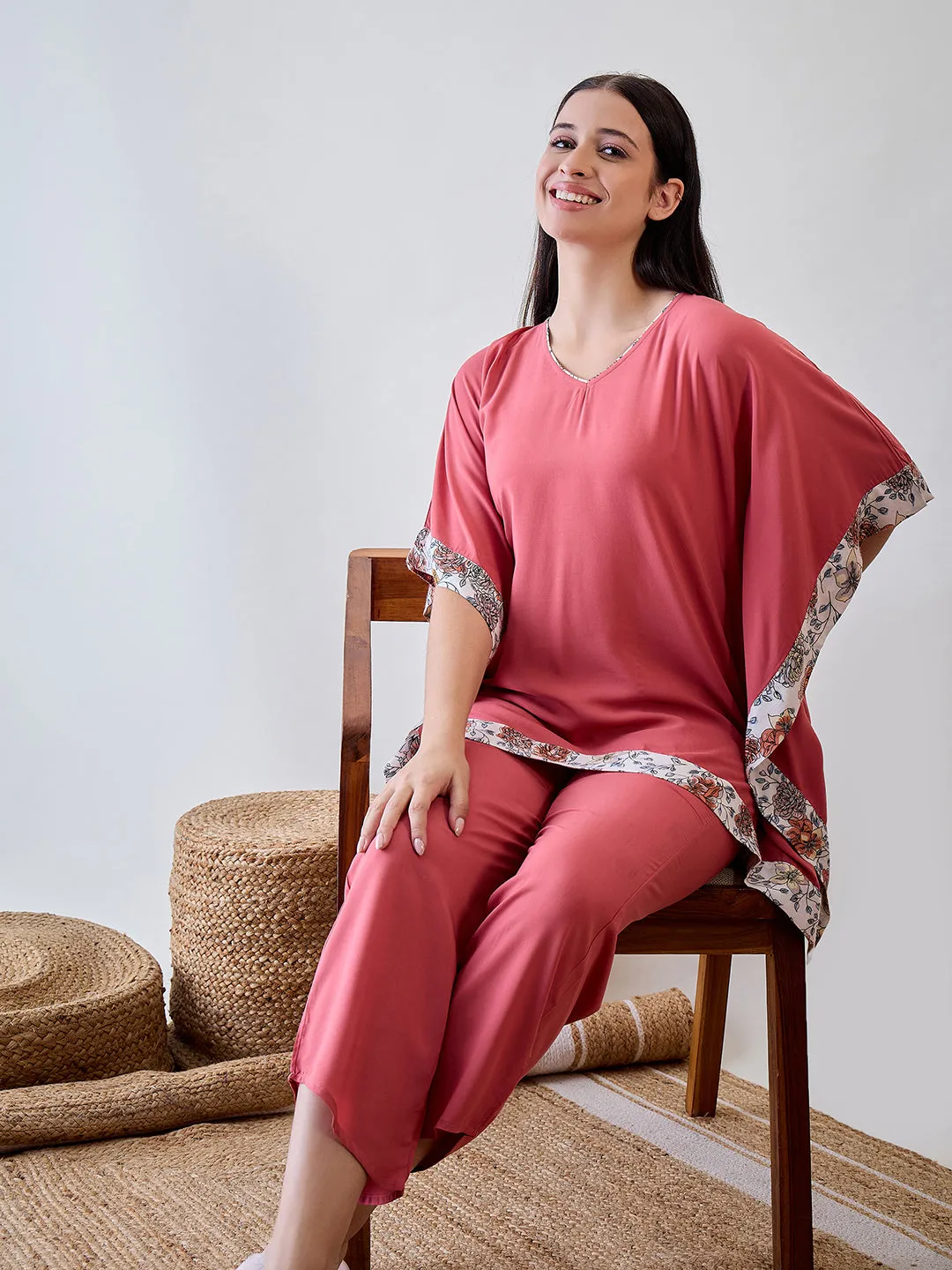 Floral Bordered Pink Soft Modal Lounge Set