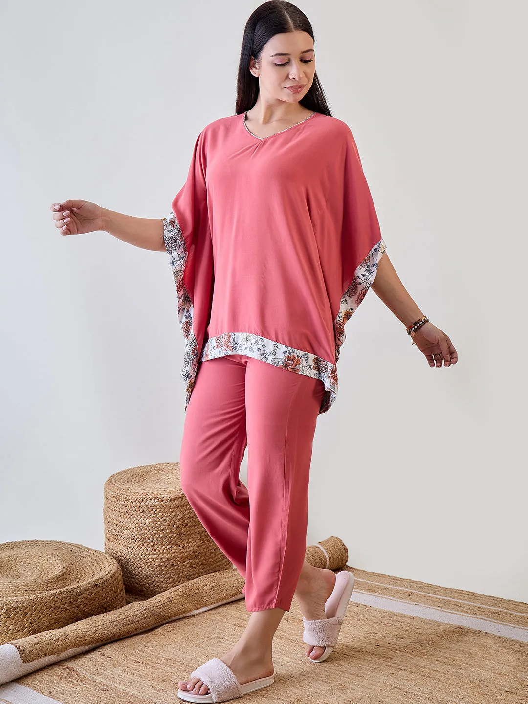 Floral Bordered Pink Soft Modal Lounge Set