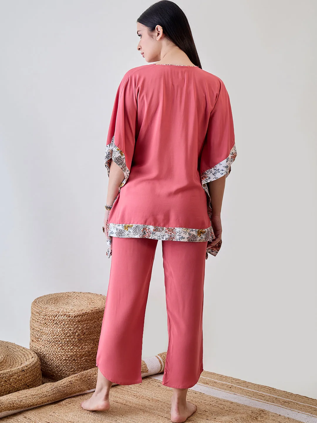 Floral Bordered Pink Soft Modal Lounge Set