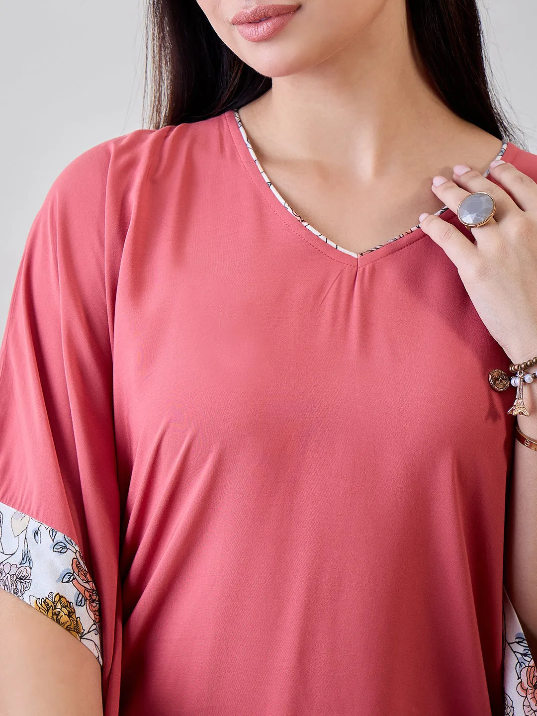 Floral Bordered Pink Soft Modal Lounge Set
